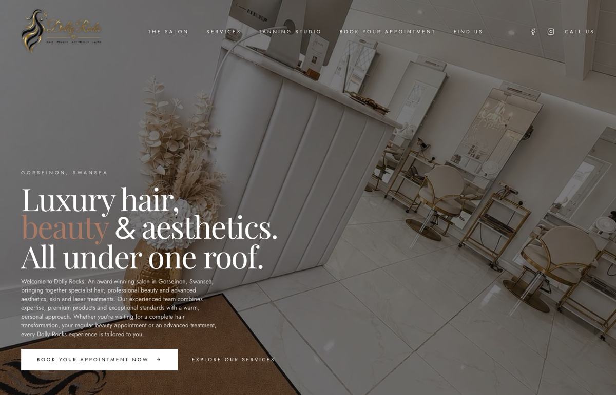 Dolly Rocks Studio website homepage, a hair, beauty and aesthetics, swansea website by Wales Web Design