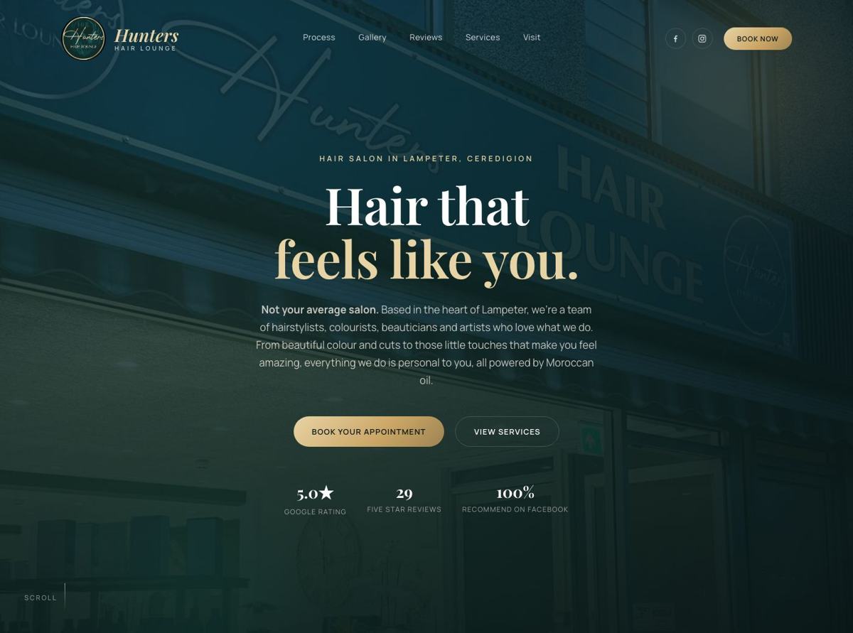 Hunters Hair Lounge website homepage, a hair salon, lampeter website by Wales Web Design
