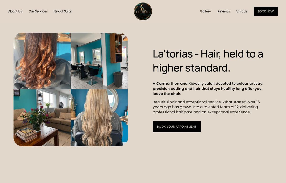 La'torias Hair website homepage, a hair salon, carmarthen website by Wales Web Design