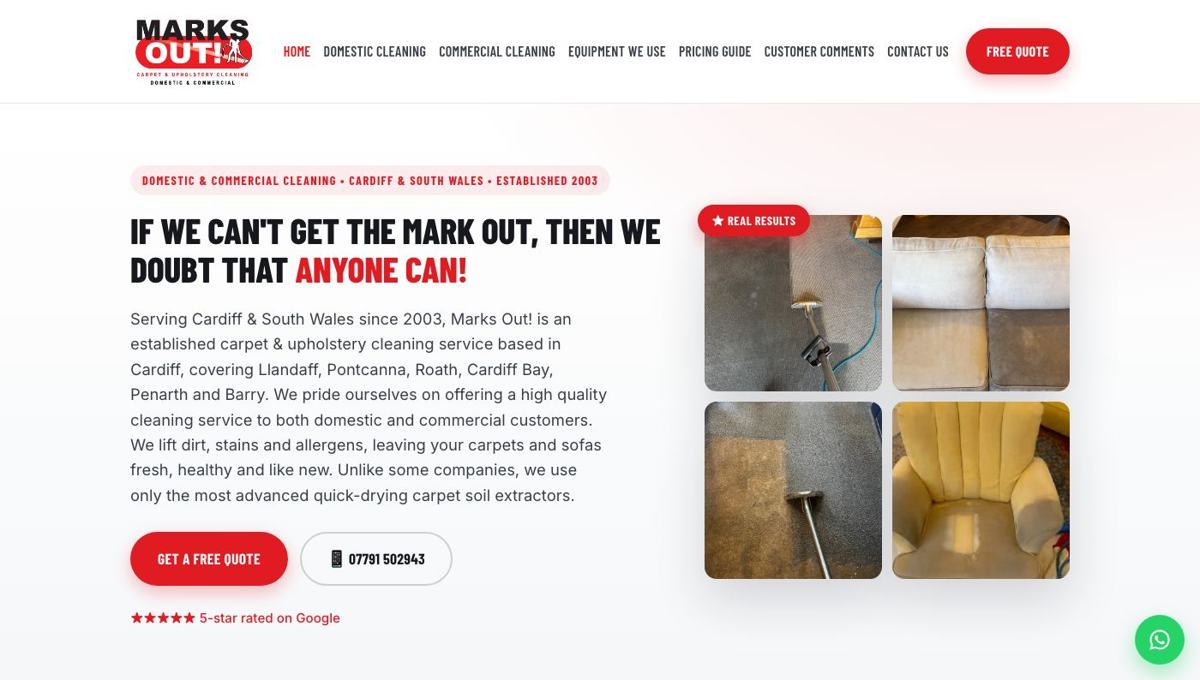 Marks Out! website homepage, a carpet and upholstery cleaning, cardiff website by Wales Web Design