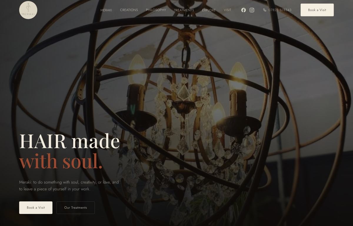 Meraki Bespoke Hair website homepage, a hair salon, swansea website by Wales Web Design