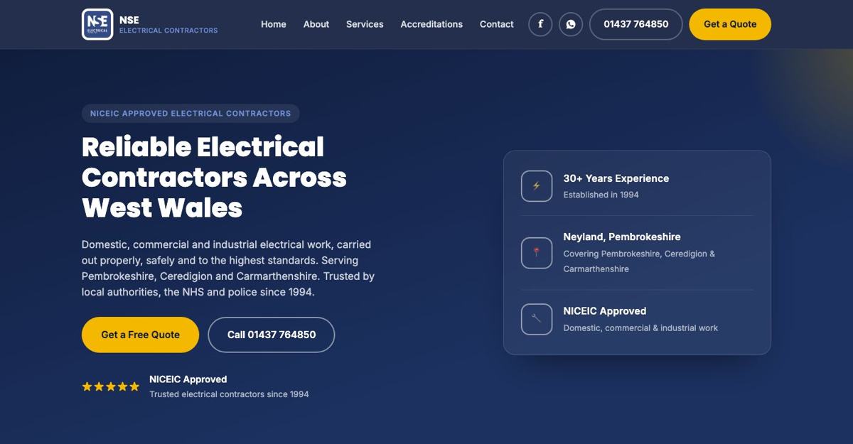 NSE Electrical website homepage, a electrical contractors, neyland, pembrokeshire website by Wales Web Design