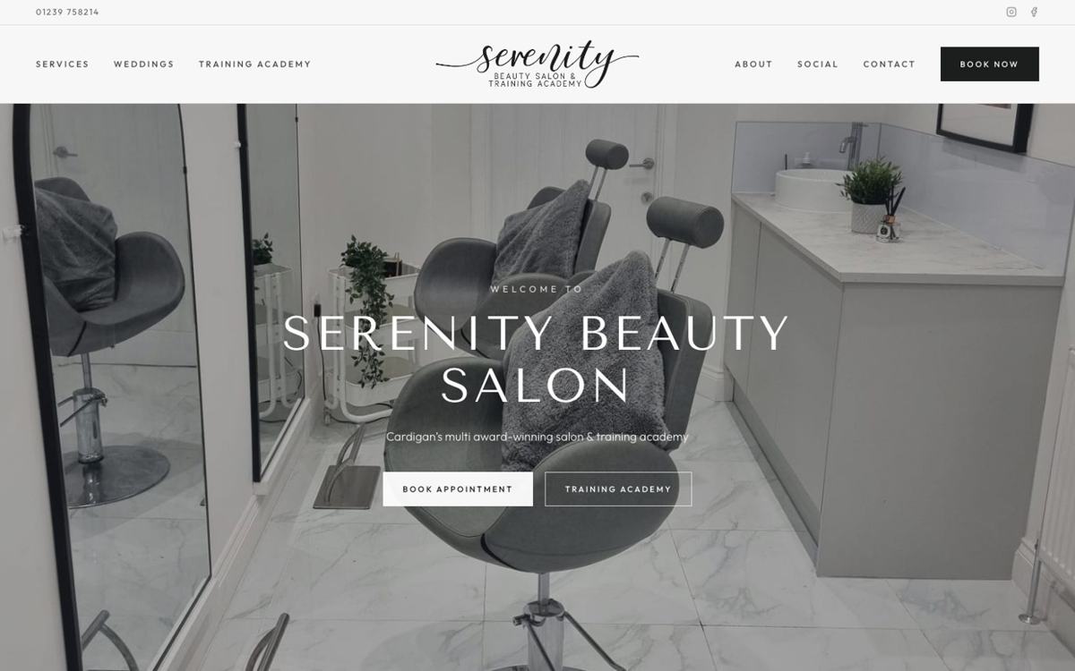 Serenity Beauty Salon website homepage, a beauty salon and training academy, cardigan website by Wales Web Design