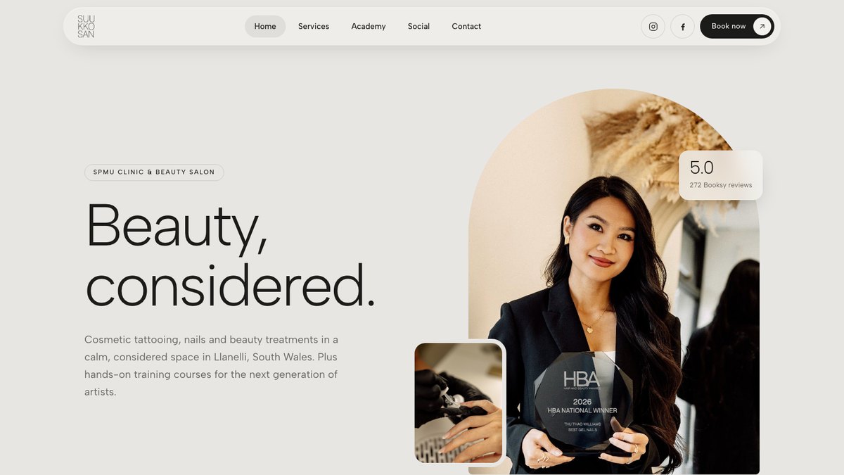 Suukkosan website homepage: SPMU clinic, beauty salon and training academy in Llanelli, website design by Wales Web Design